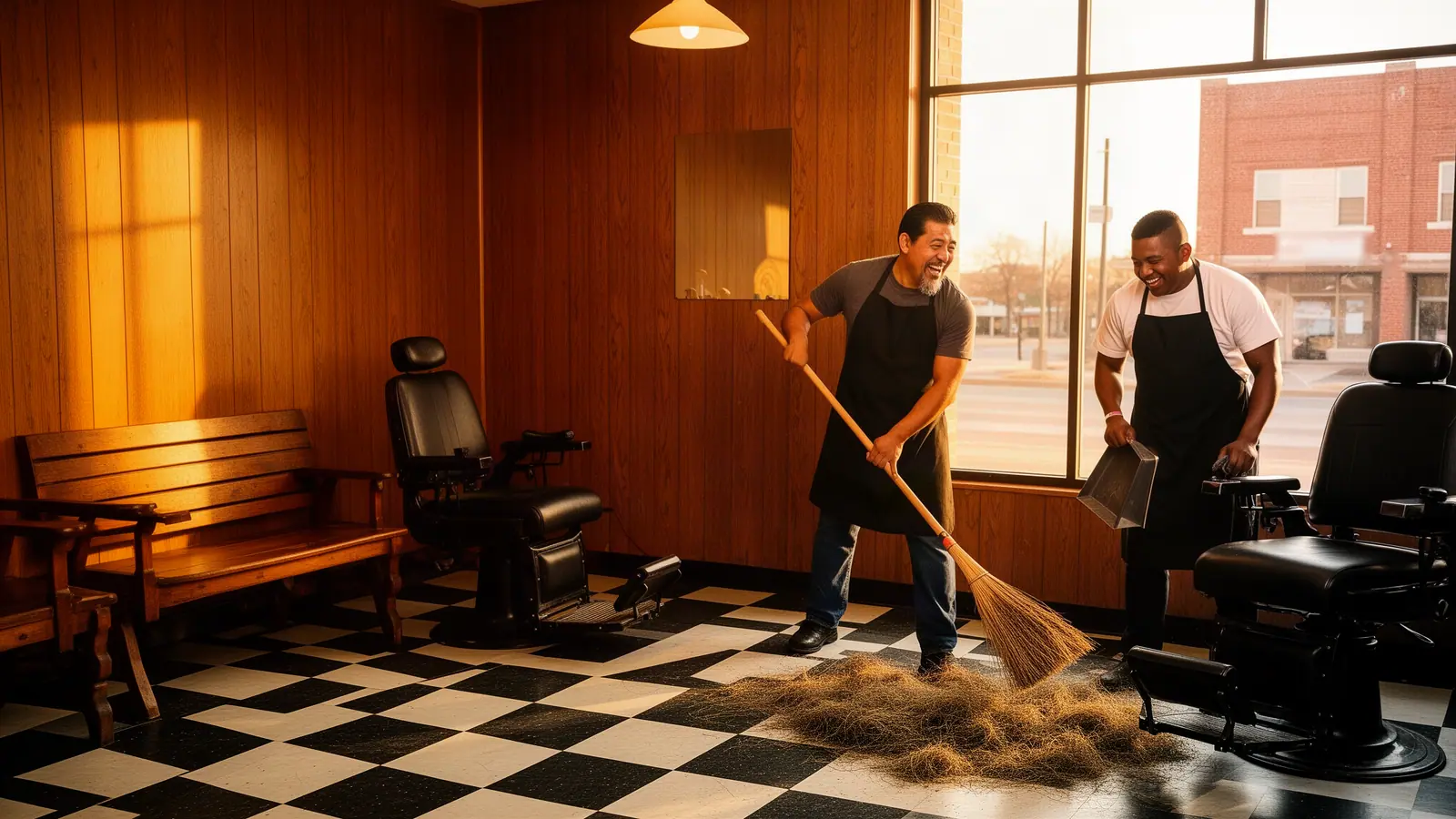 Two barbers laughing as they sweep up cut hair between clients in a sunlit Oklahoma barber shop.